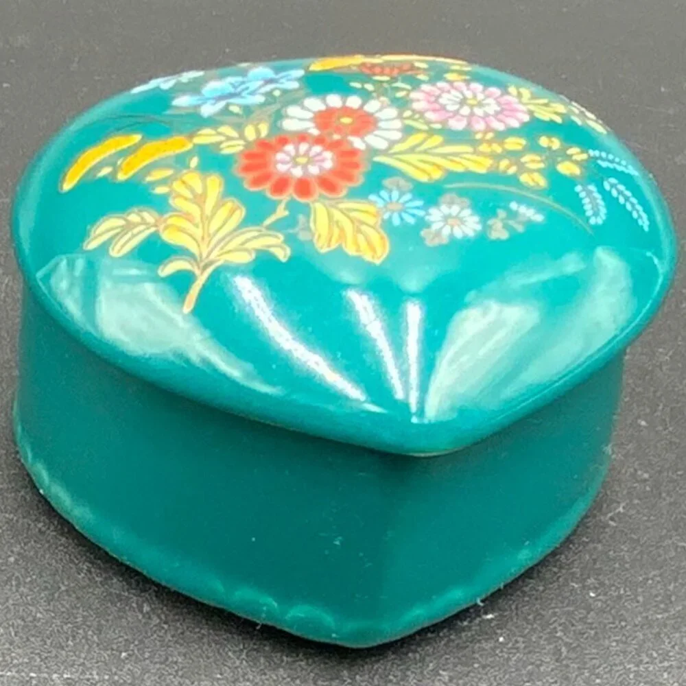 Teal Hand Painted Floral Heart Porcelain Trinket Box Made in Japan